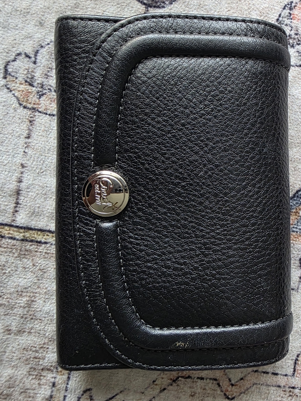 Coach Black Leather Trifold Wallet with Logo Button